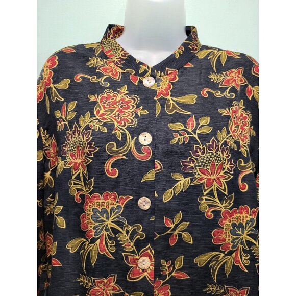 Nomadic Traders Silk Linen Blend Button Up Top Black Red Gold Floral Sz XL - Picture 2 of 6